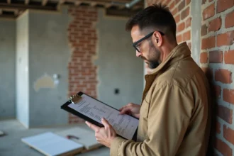 Artisan en veste de travail consultant un devis de rénovation sur un chantier d'appartement avec mur en brique apparente et plâtre frais