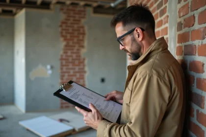Artisan en veste de travail consultant un devis de rénovation sur un chantier d'appartement avec mur en brique apparente et plâtre frais