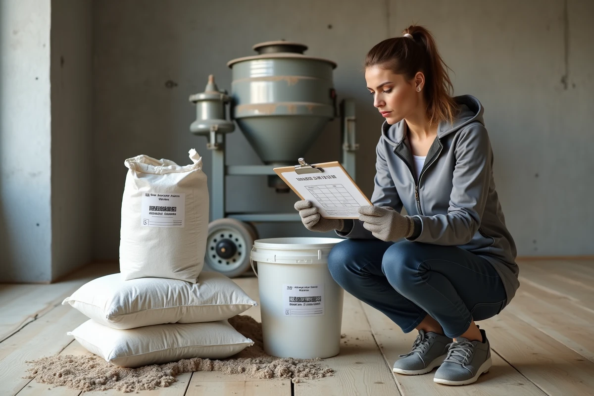 Femme artisane vérifiant les dosages précis de mortier ciment-sable avec une fiche technique sur un chantier de rénovation intérieure