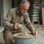 Maçon mesurant précisément le sable pour préparer un mortier ciment-sable sur un chantier de construction