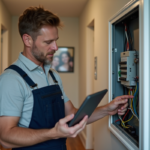Électricien homme examinant un panneau électrique résidentiel