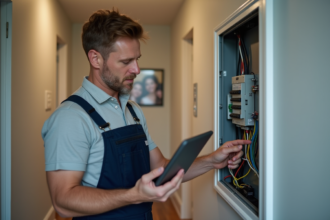 Électricien homme examinant un panneau électrique résidentiel