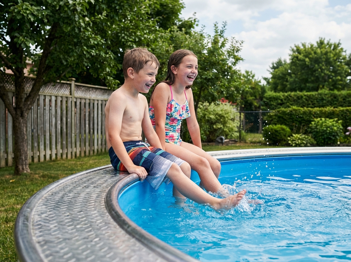 Enfants jouant dans une piscine en été dans le jardin