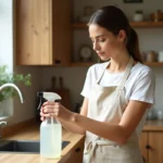 Femme utilisant un produit d'entretien écologique H2O dans une cuisine en bois épurée