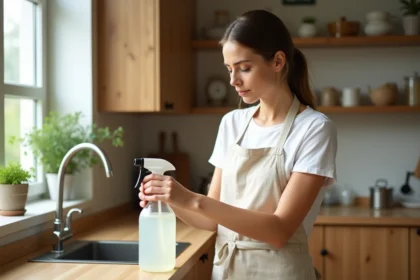 Femme utilisant un produit d'entretien écologique H2O dans une cuisine en bois épurée