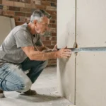 Ouvrier inspectant les défauts d'un coffrage placo mal posé sans rail métallique dans un chantier de rénovation intérieure