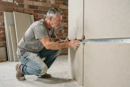 Ouvrier inspectant les défauts d'un coffrage placo mal posé sans rail métallique dans un chantier de rénovation intérieure