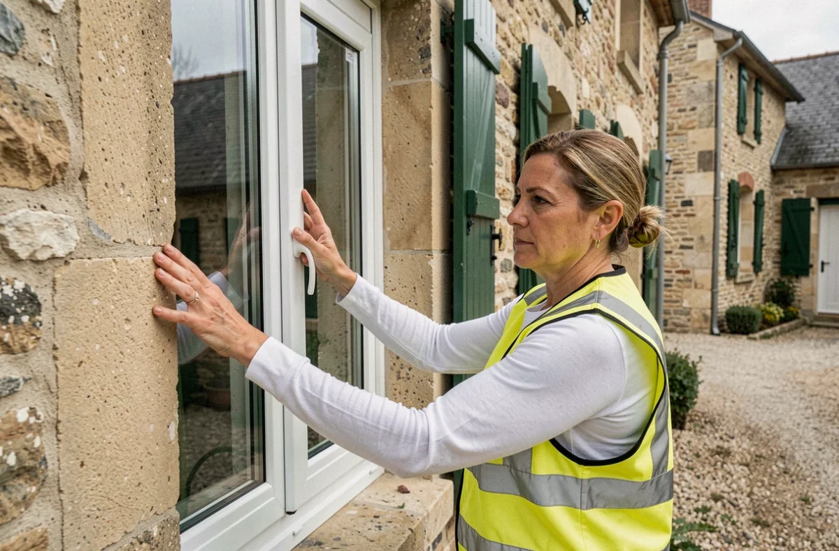 Spécialiste de la pose de fenêtres Espace Ouvertures installant un cadre PVC double vitrage sur une maison en pierre à Saint-Etienne-du-Bois