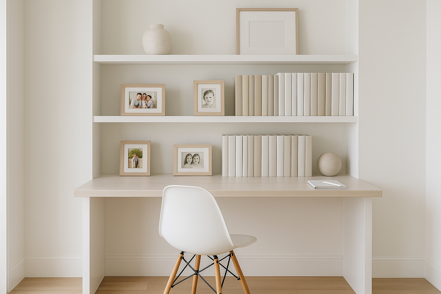 Espace de travail minimaliste avec albums photo et objets
