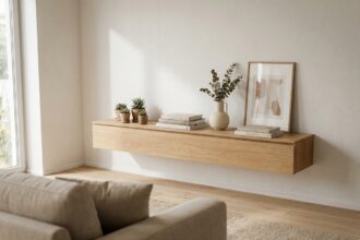 Étagère murale en bois dans un salon moderne au style scandinave avec plantes, livres et vase céramique
