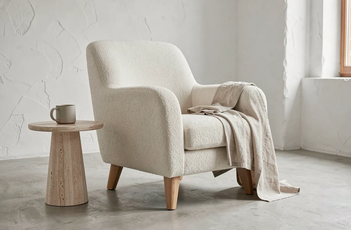 Fauteuil Voltaire neuf design en tissu bouclé blanc cassé dans un salon minimaliste scandinave avec table en travertin