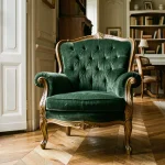 Fauteuil Voltaire rénové en velours vert émeraude dans un salon haussmannien parisien avec parquet en chevrons et moulures blanches
