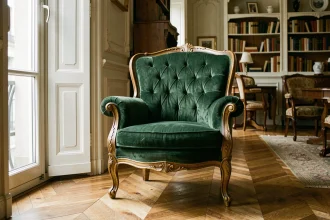 Fauteuil Voltaire rénové en velours vert émeraude dans un salon haussmannien parisien avec parquet en chevrons et moulures blanches