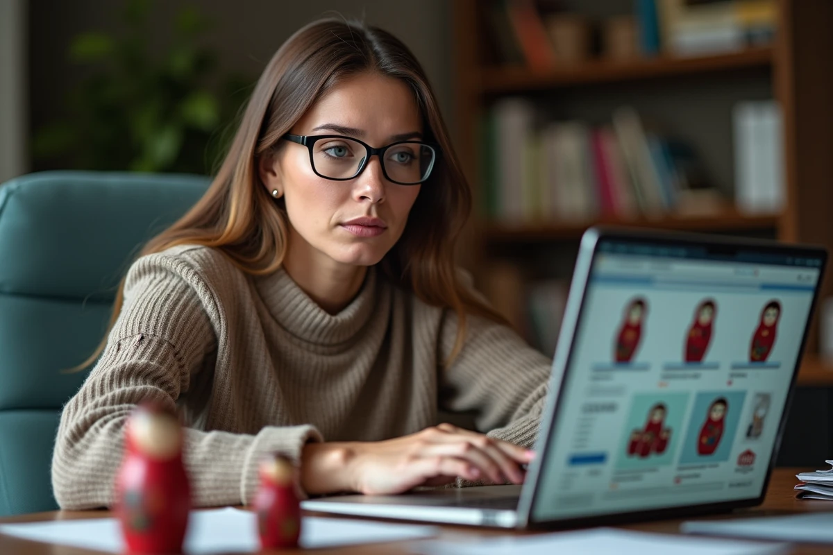 Femme examinant avec scepticisme des annonces de poupées matriochkas sur un site d'achat en ligne, comparant la qualité des produits