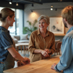 Femme souriante achetant une table en bois dans un magasin de meubles