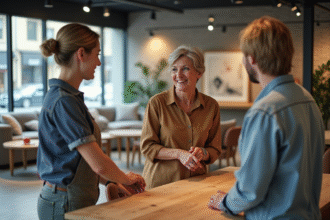 Femme souriante achetant une table en bois dans un magasin de meubles