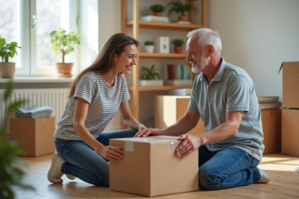 Jeune femme aidant un homme à coller une boîte de déménagement dans un salon lumineux