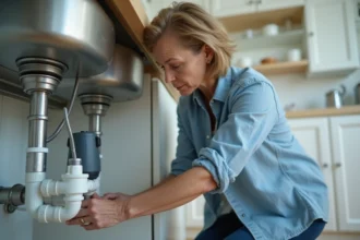 Femme inspectant un aimant anti-calcaire installé sur les tuyaux sous un évier de cuisine