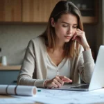 Femme en intérieur moderne examinant des plans de maison