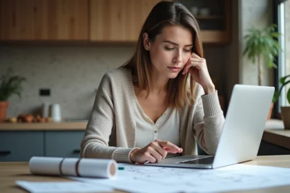 Femme en intérieur moderne examinant des plans de maison