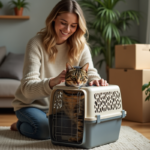 Jeune femme guide son chat dans une cage de transport dans un salon cosy