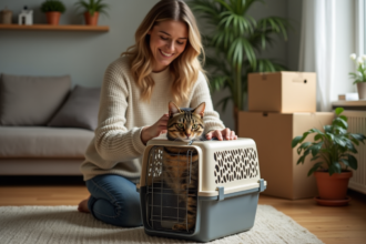 Jeune femme guide son chat dans une cage de transport dans un salon cosy
