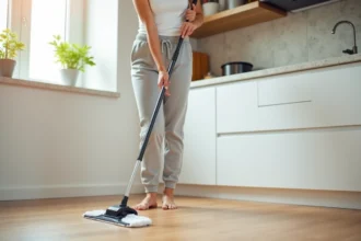 Femme utilisant un balai lave sols à spray sur un parquet en bois clair dans une cuisine moderne