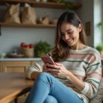 Femme assise à la cuisine en train de regarder son smartphone