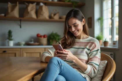 Femme assise à la cuisine en train de regarder son smartphone