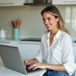 Femme travaillant sur un laptop dans une cuisine moderne
