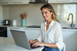 Femme travaillant sur un laptop dans une cuisine moderne