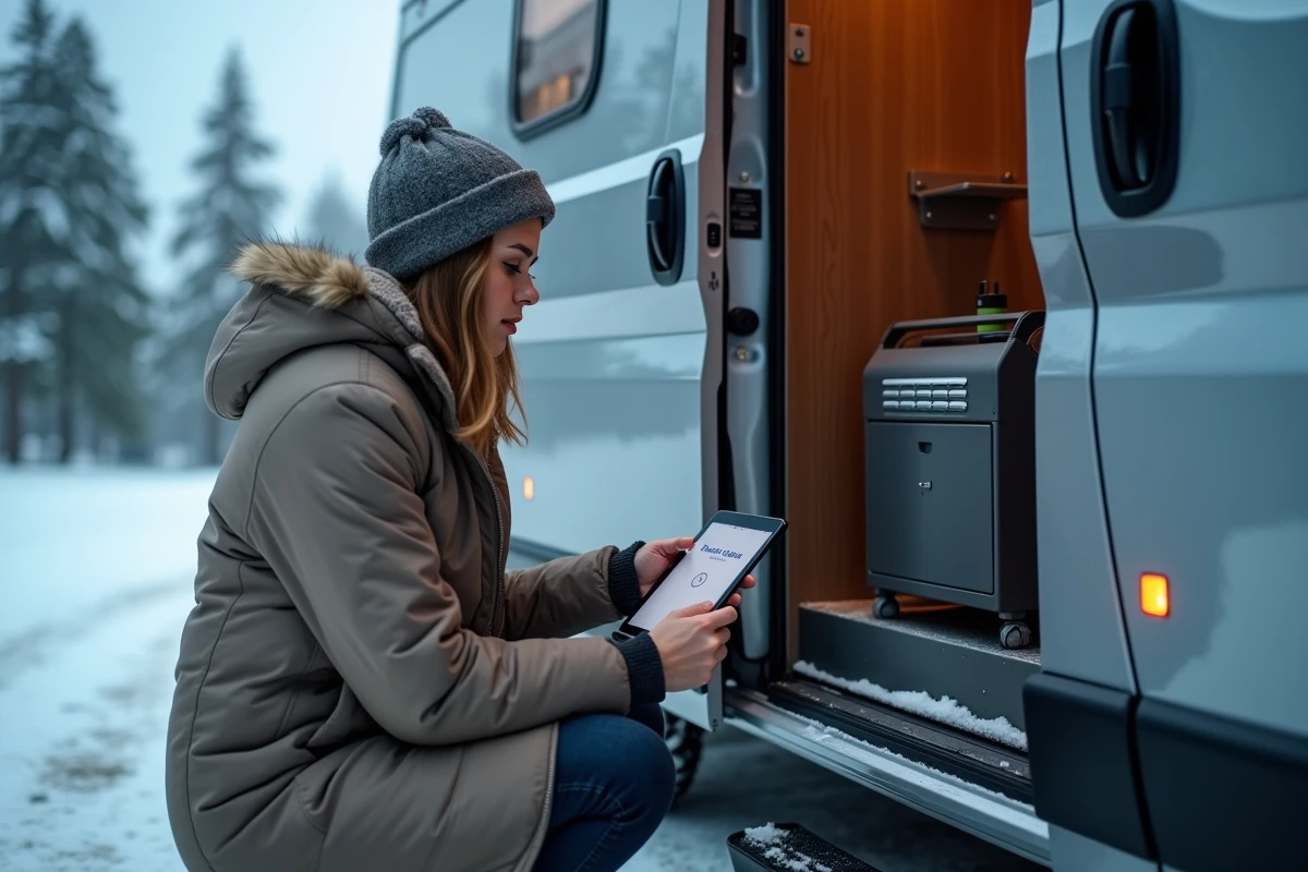 Jeune femme en parka contrôlant le chauffage du van en hiver