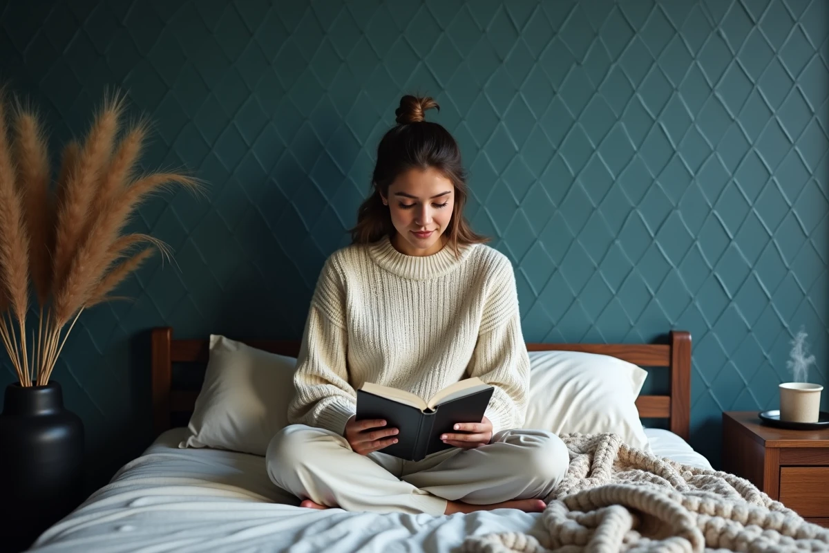Femme adulte lisant sur un lit devant un papier peint bleu ardoise géométrique dans une chambre cocooning apaisante