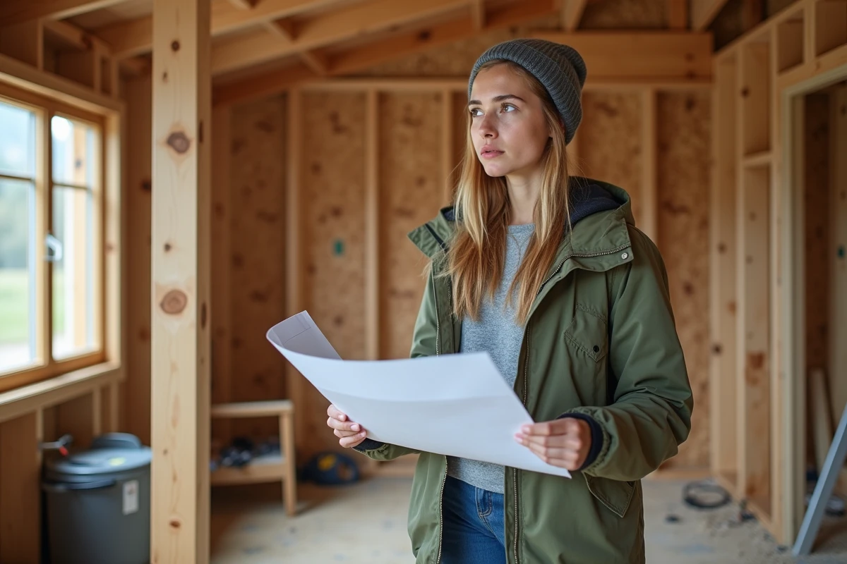 Jeune femme discute avec un constructeur dans un chalet en construction
