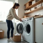 Femme chargeant une machine à laver en position debout confortable dans une buanderie moderne carrelée