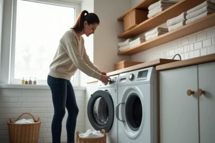 Femme chargeant une machine à laver en position debout confortable dans une buanderie moderne carrelée