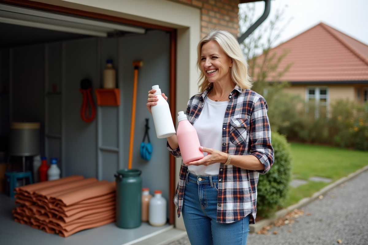 Femme souriante comparant deux produits de nettoyage devant une maison