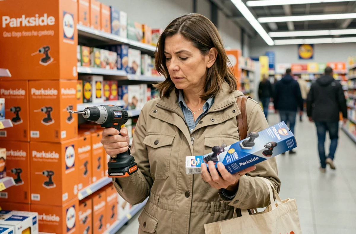 Une femme compare deux outils Parkside dans un magasin Lidl avant d'acheter