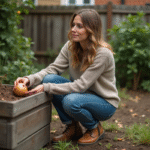 Femme en jeans et pull près du compost dans un jardin