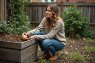 Femme en jeans et pull près du compost dans un jardin