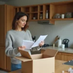 Femme tenant des enveloppes de courrier devant des cartons de déménagement ouverts dans une cuisine en cours de déménagement