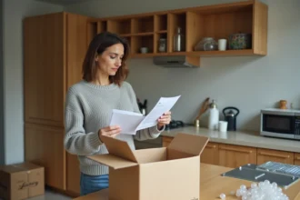 Femme tenant des enveloppes de courrier devant des cartons de déménagement ouverts dans une cuisine en cours de déménagement