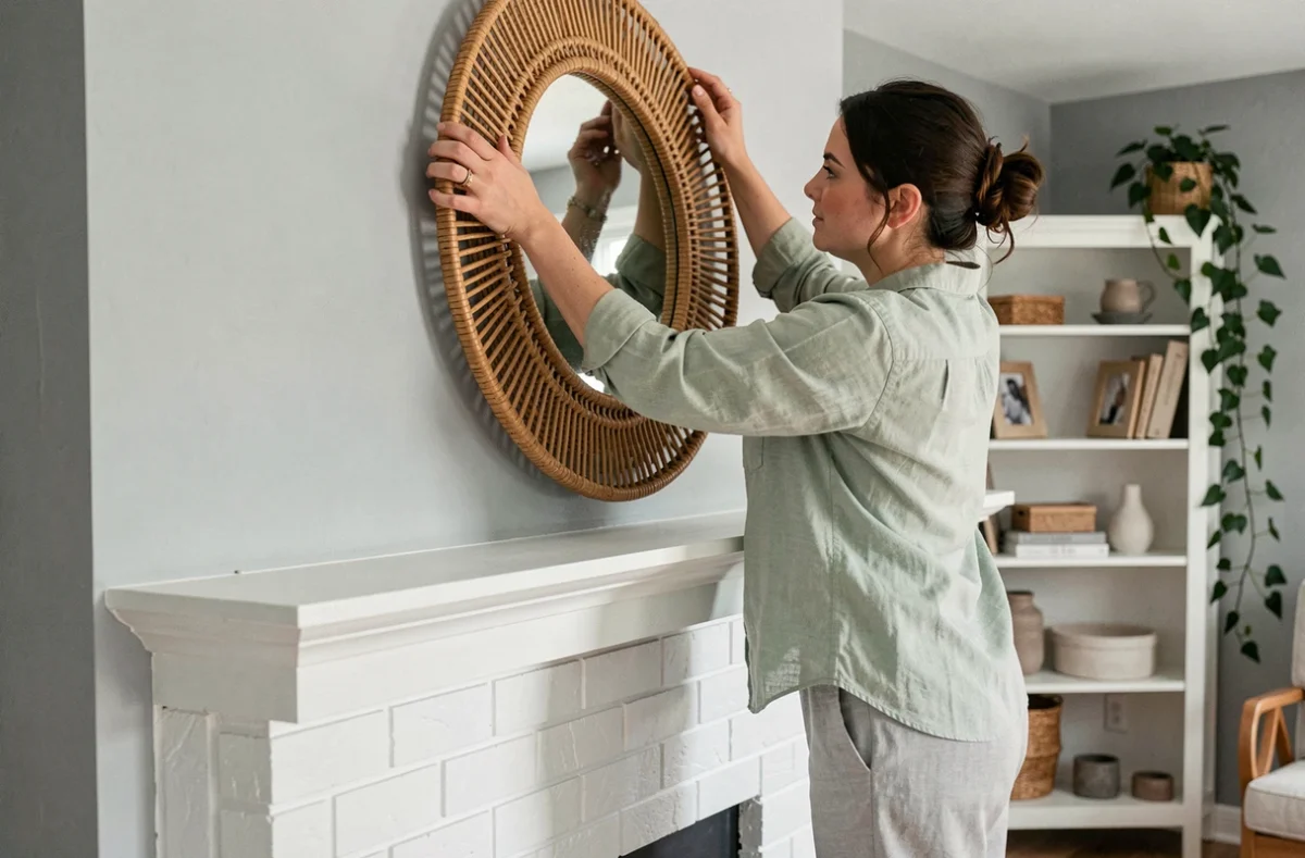Femme installant un miroir en rotin au-dessus d'une cheminée blanche dans un salon gris et blanc pour le personnaliser sans rénovation