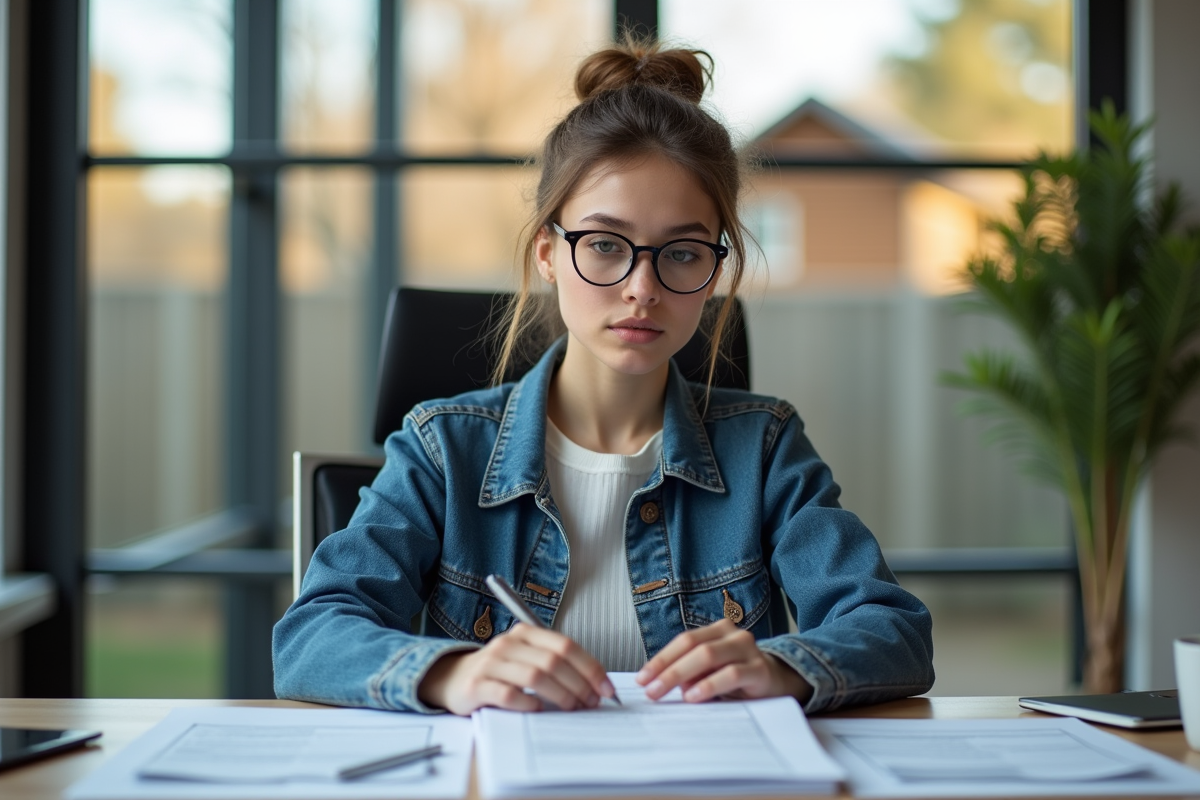 Jeune femme lisant des documents fiscaux dans un bureau moderne