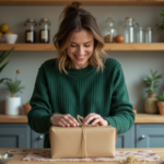 Femme emballant un colis dans une cuisine chaleureuse