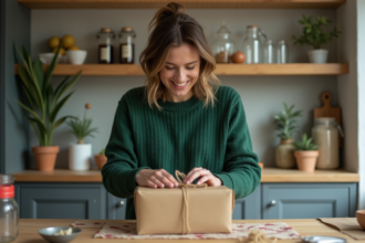 Femme emballant un colis dans une cuisine chaleureuse