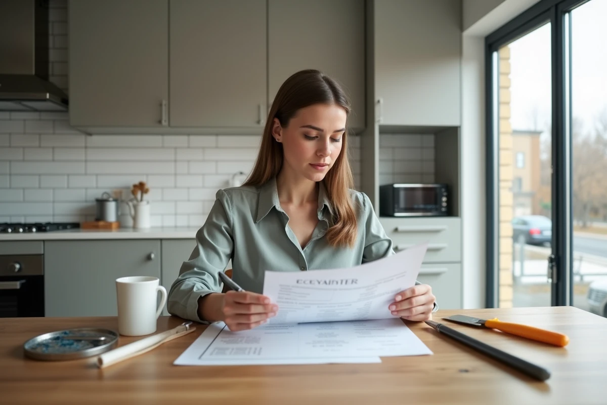 Jeune femme étudiant un devis de peinture dans la cuisine