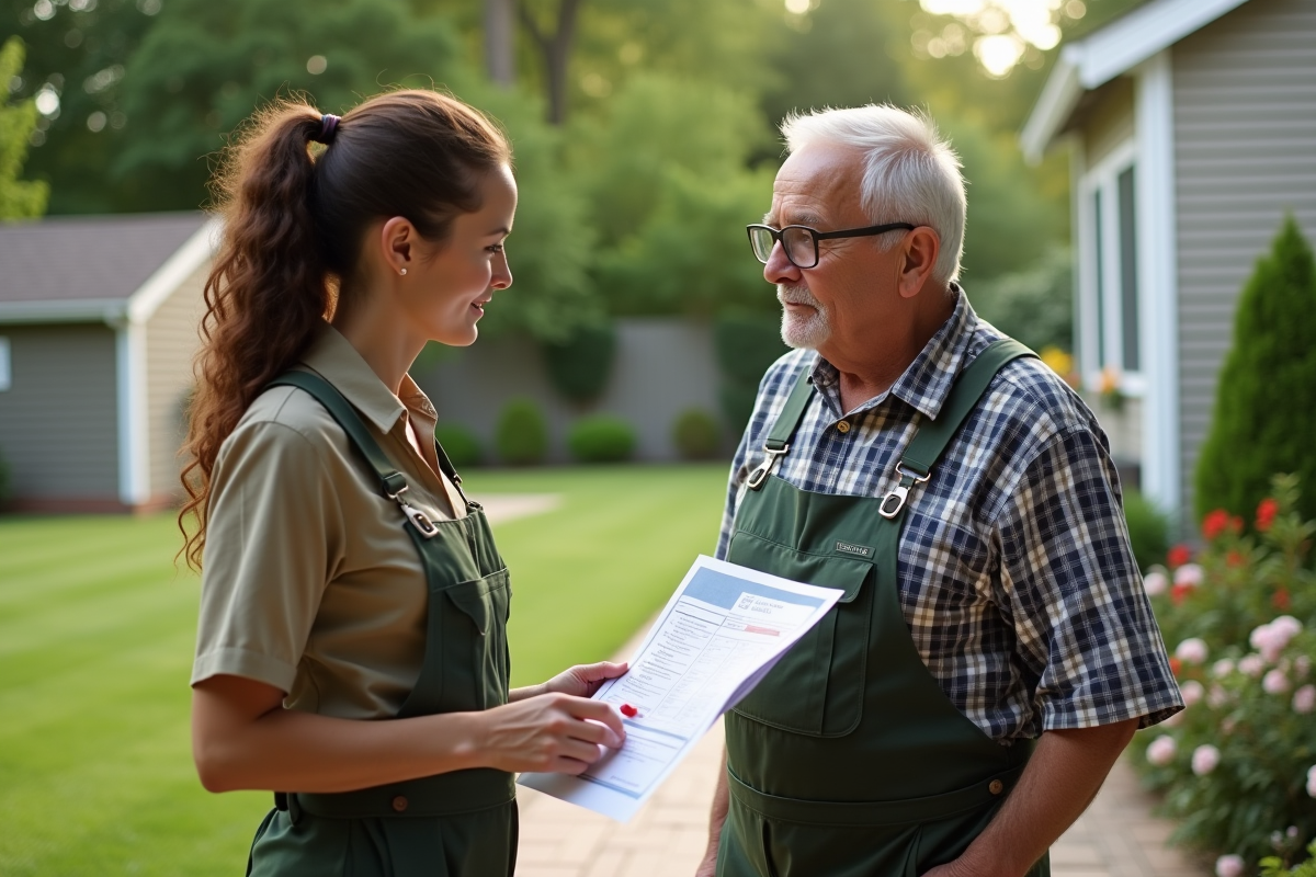 Jeune femme expliquant un devis à un propriétaire âgé dans le jardin
