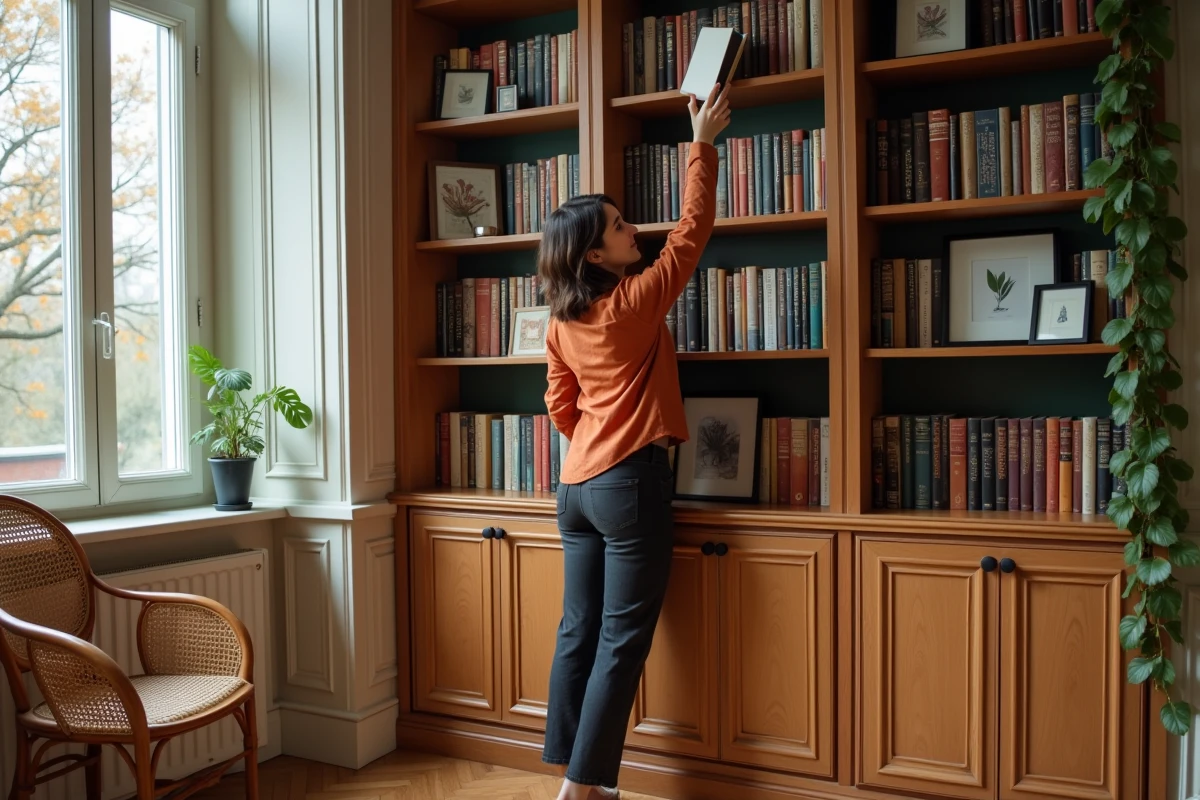 Femme consultant une étagère classique en bois remplie de livres dans un appartement lumineux