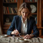 Femme en blazer examinant de l'argenterie vintage avec loupe